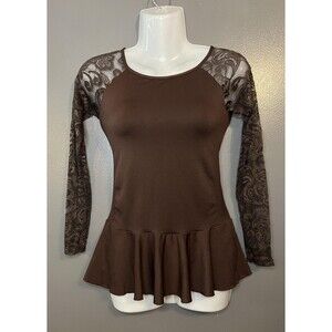Ytongs Peplum Top Womens One Size Brown Lace Long Sleeve Mesh Sheer Boho Shirt